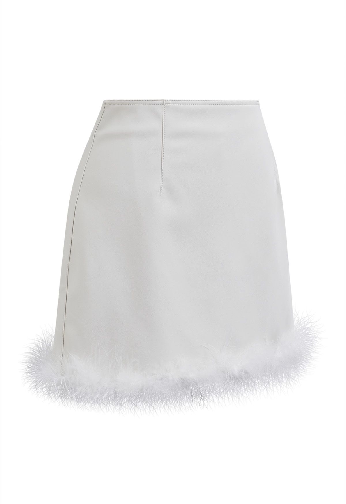 Feather Hem Faux Leather Mini Skirt in White