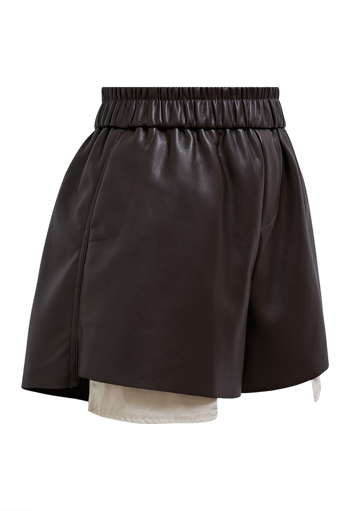 Contrast Hem Faux Leather Shorts in Brown