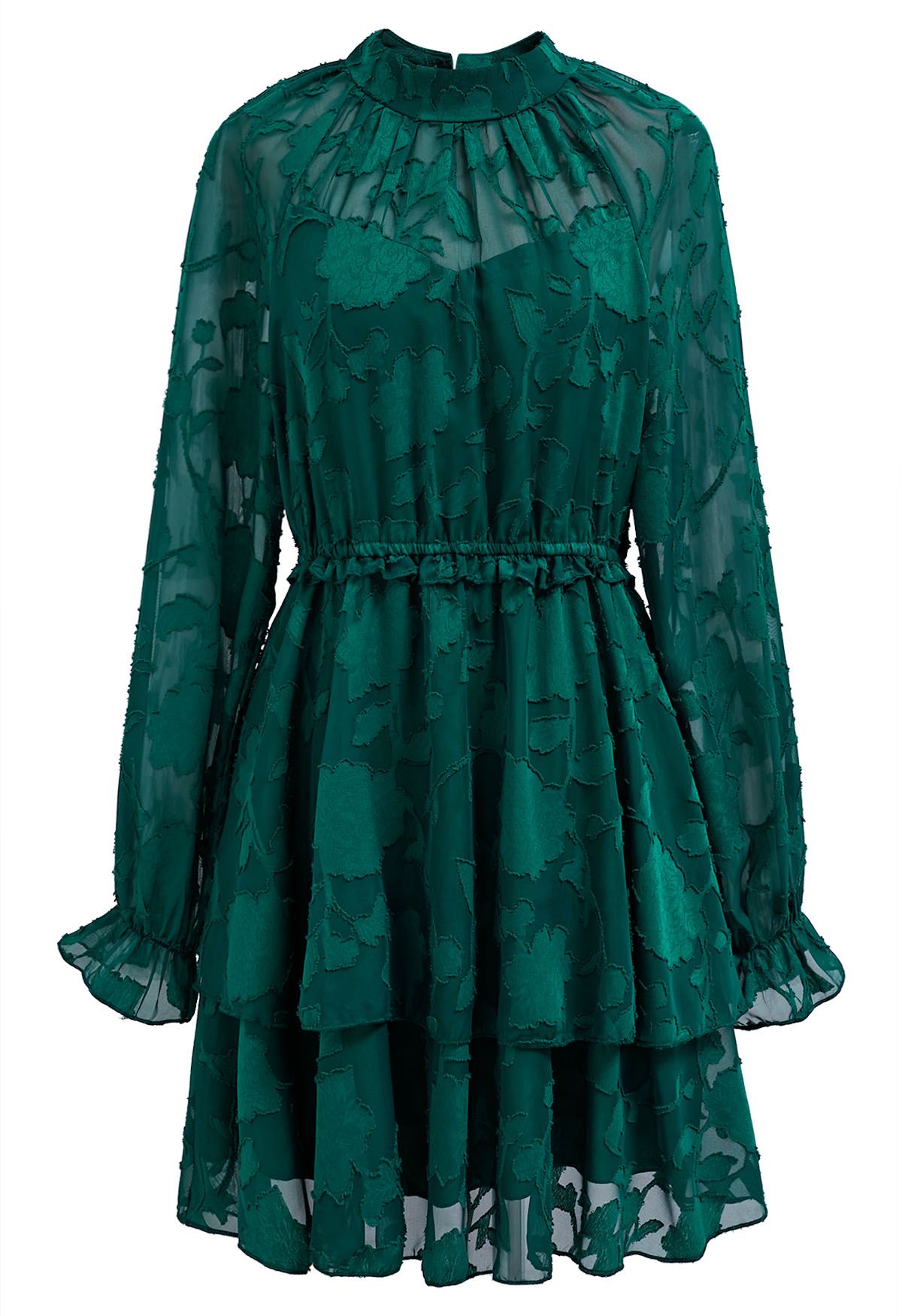 Floral Jacquard Mesh Tiered Mini Dress in Emerald