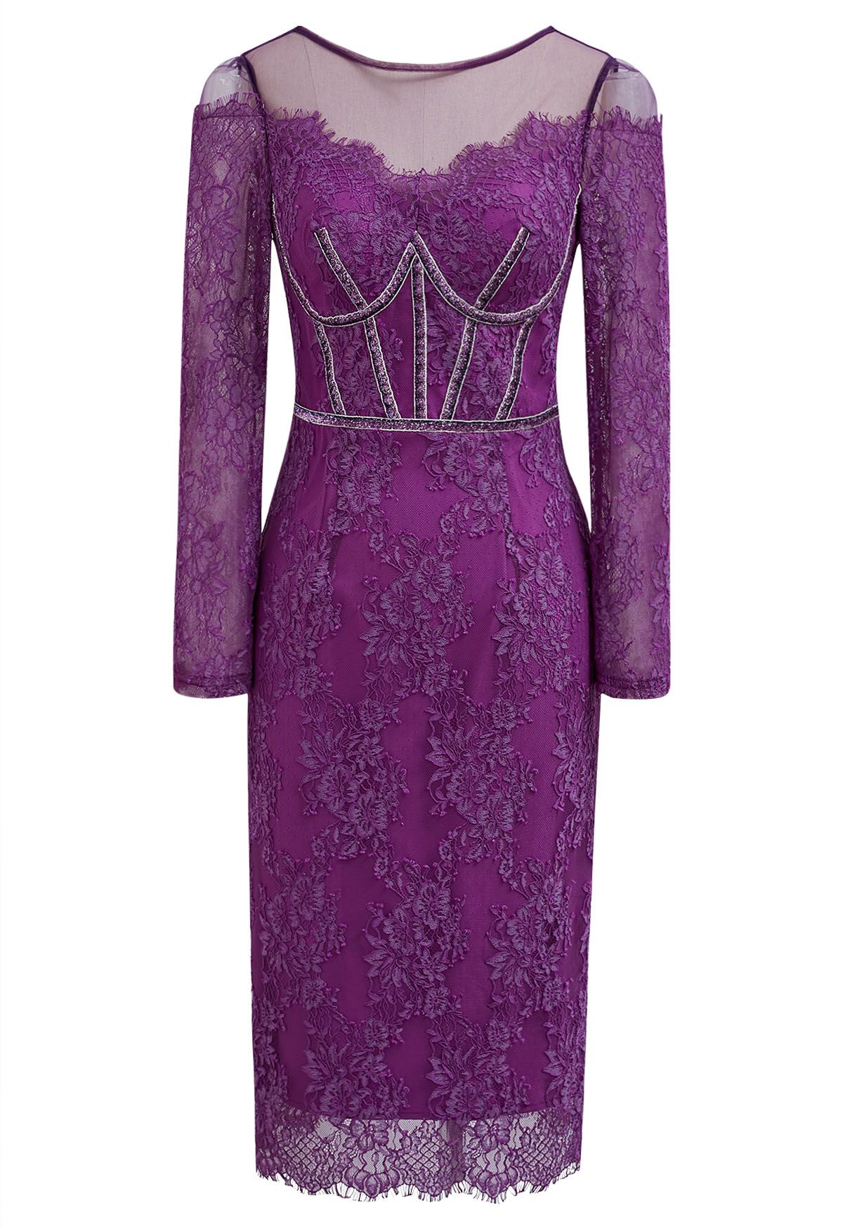 Delicate Violet Lace Bodycon Midi Dress