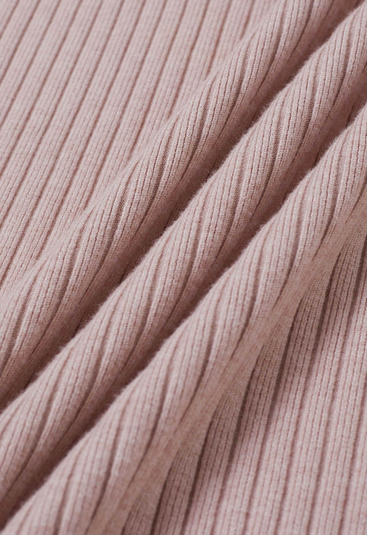 Graceful Feather Trim Surplice Neck Knit Dress in Light Pink