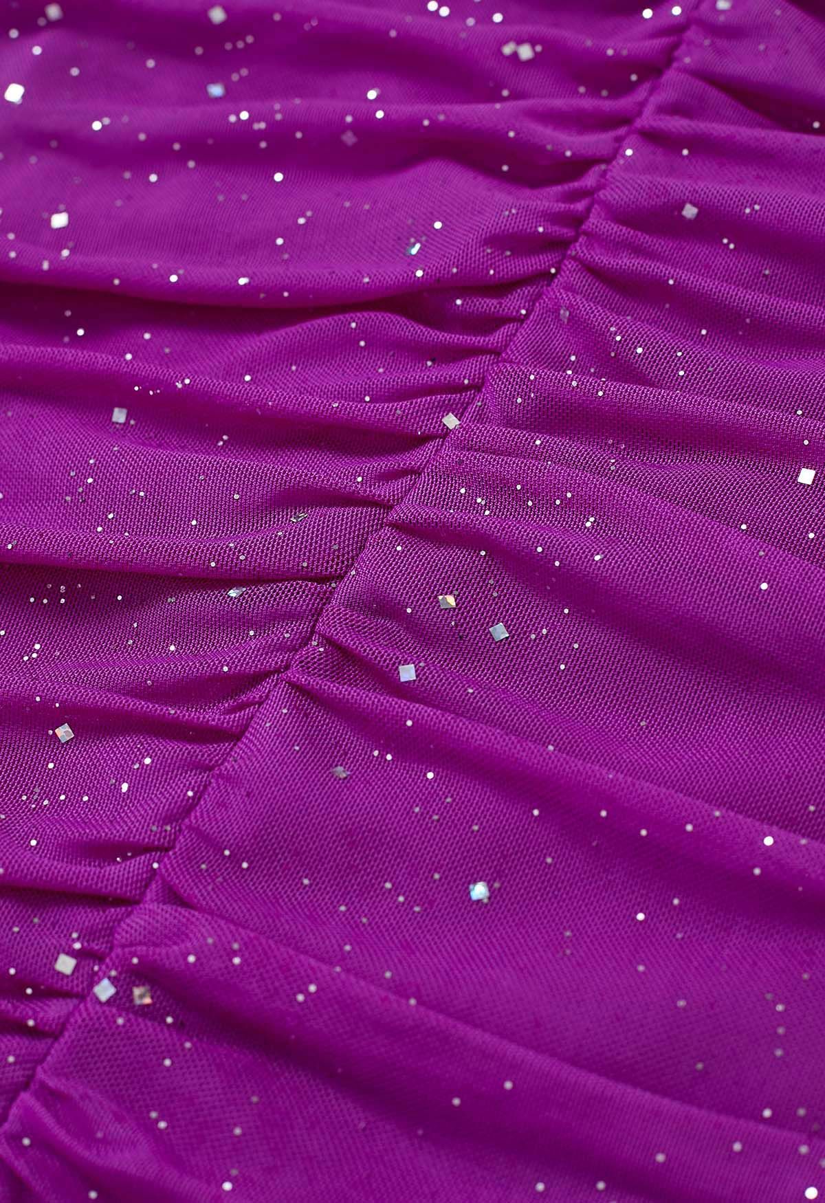 Glitter V-Neck Ruched Mesh Bodycon Mini Dress in Magenta