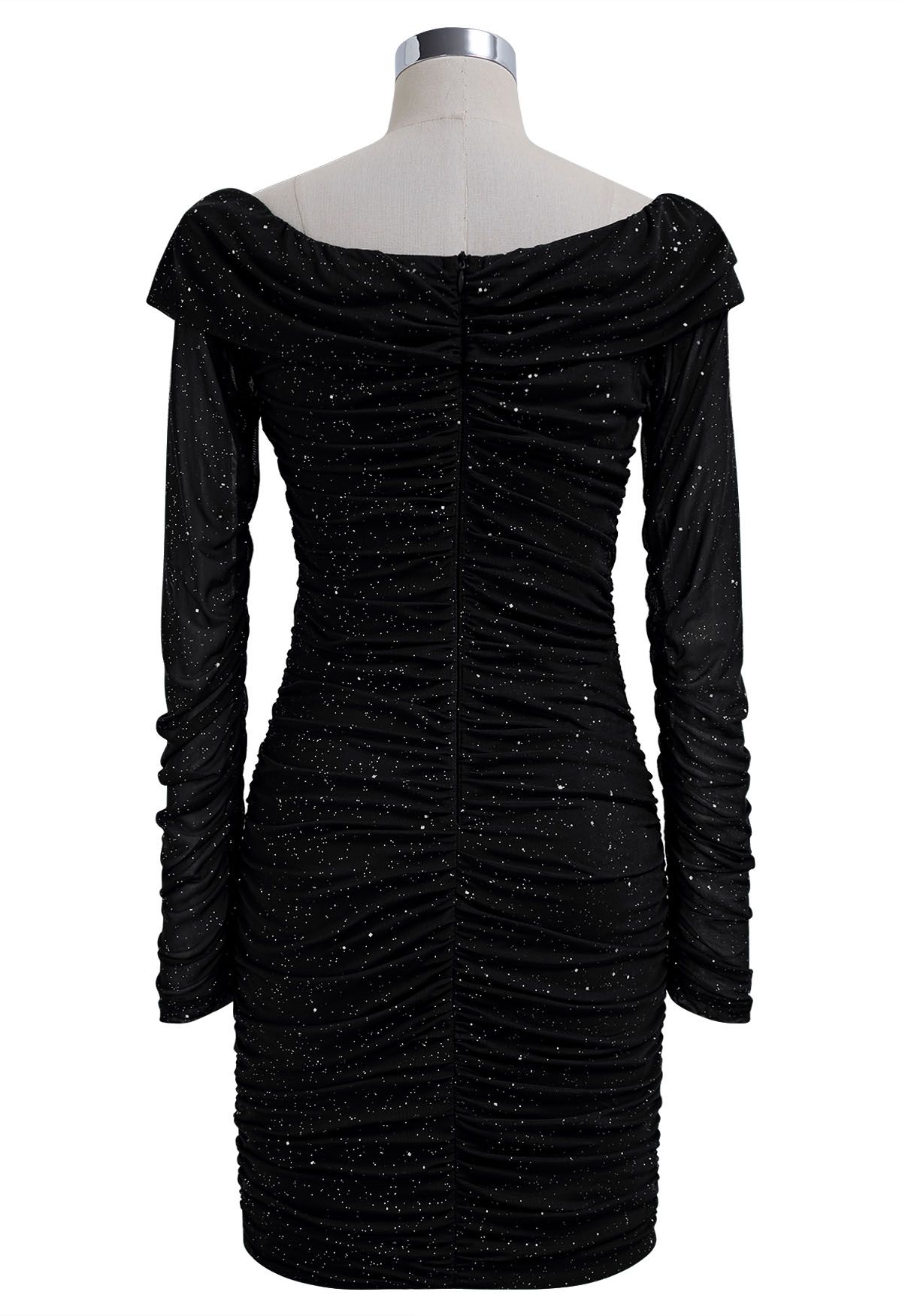 Glitter V-Neck Ruched Mesh Bodycon Mini Dress in Black