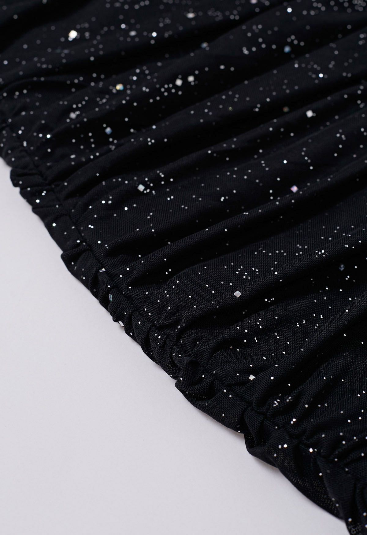 Glitter V-Neck Ruched Mesh Bodycon Mini Dress in Black