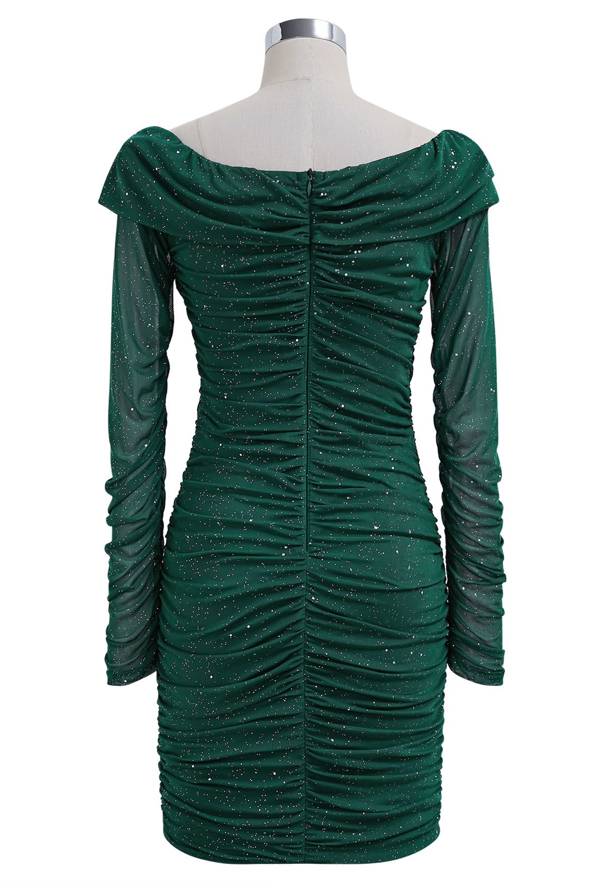 Glitter V-Neck Ruched Mesh Bodycon Mini Dress in Dark Green