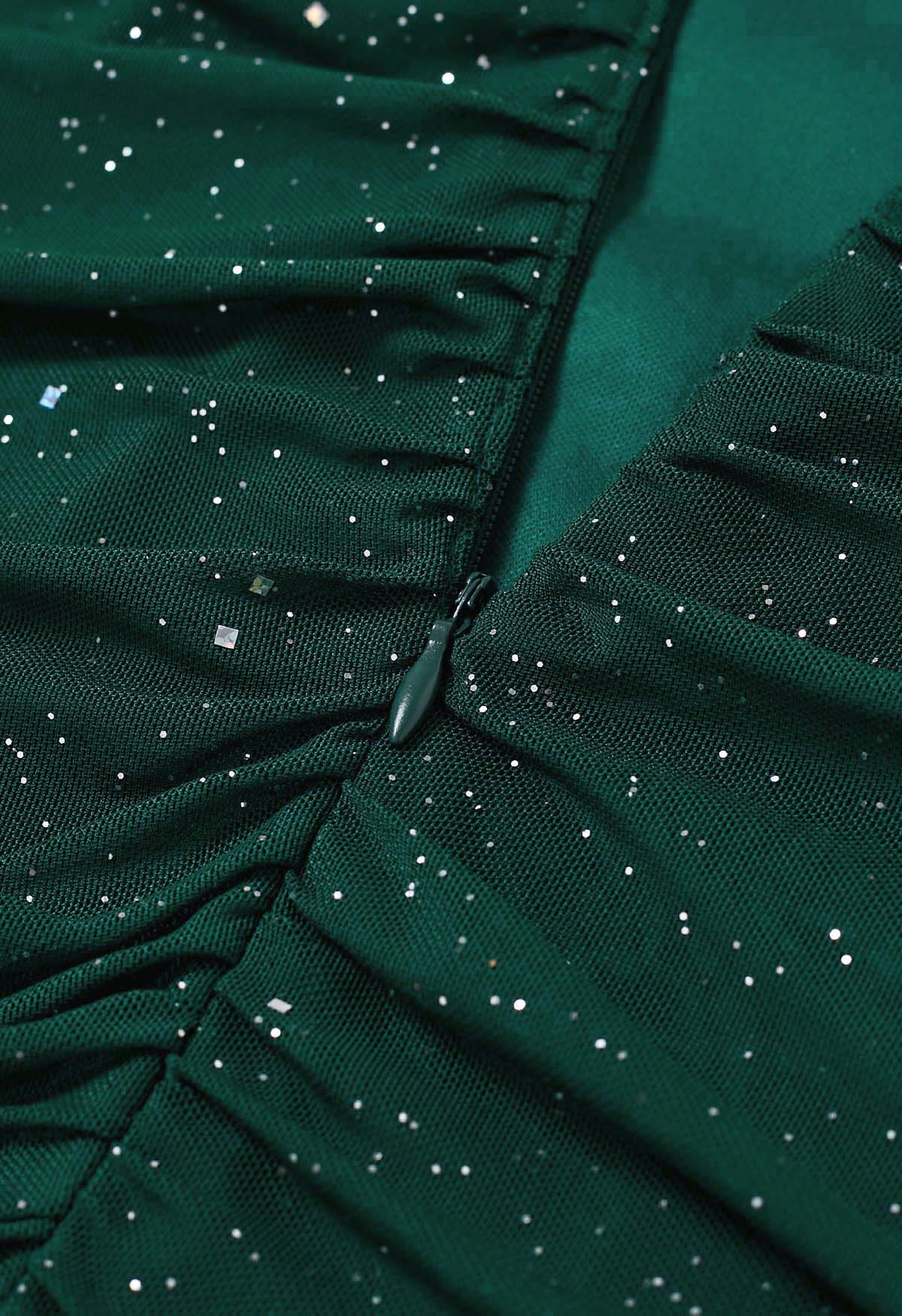 Glitter V-Neck Ruched Mesh Bodycon Mini Dress in Dark Green