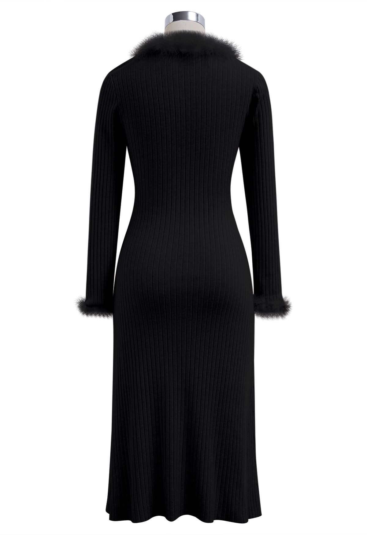 Graceful Feather Trim Surplice Neck Knit Dress in Black
