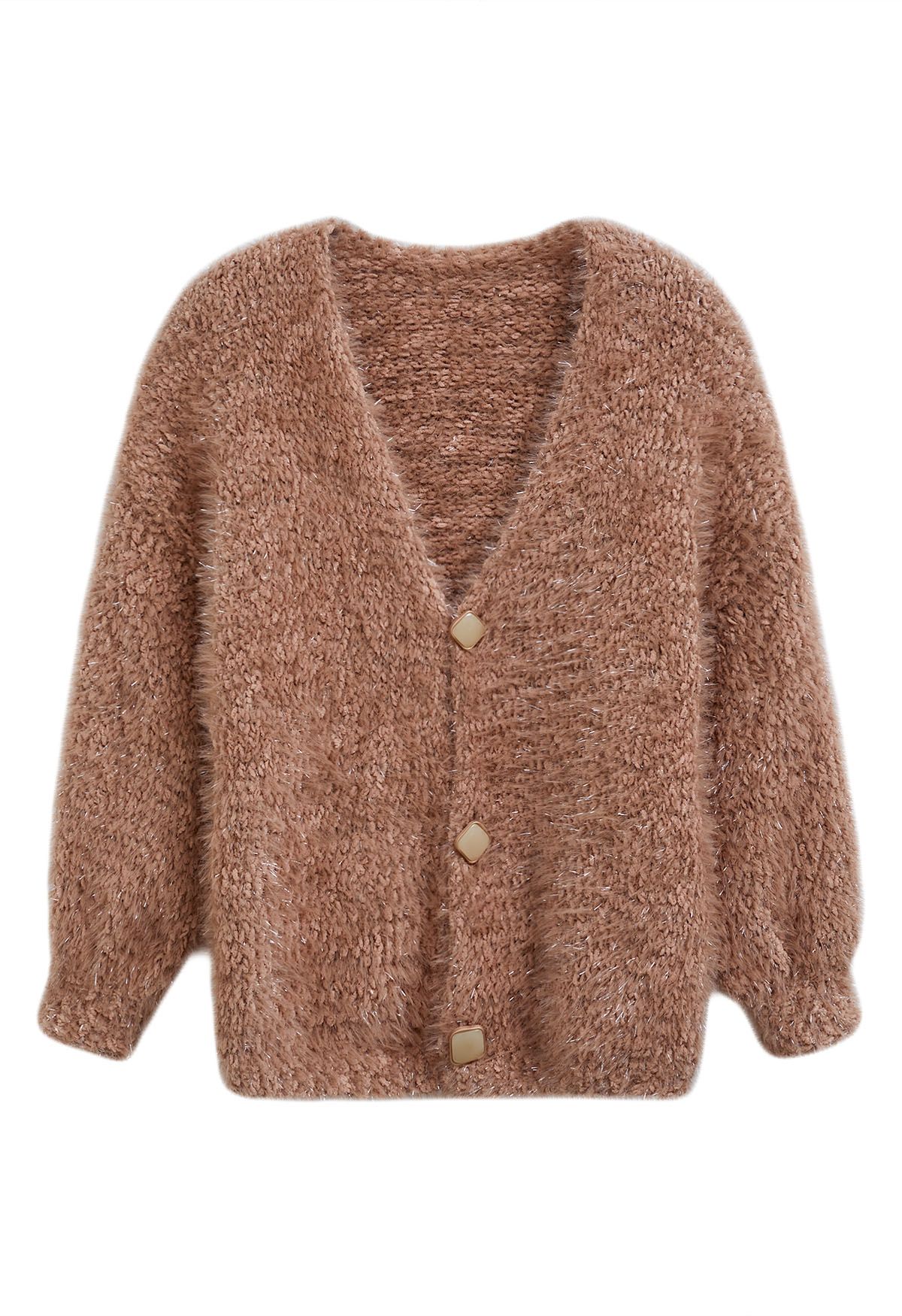 Coziness Shimmer Fuzzy Knit Buttoned Cardigan in Coral