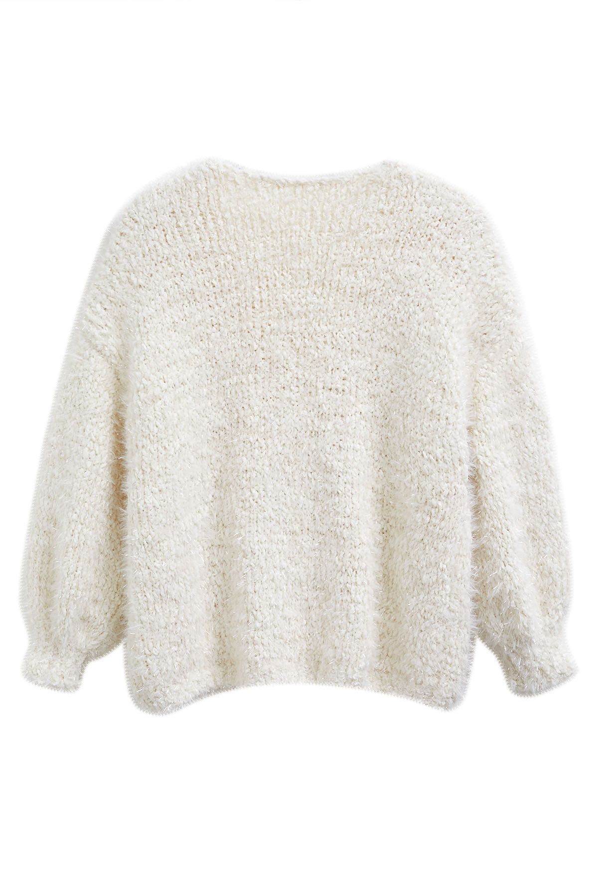 Coziness Shimmer Fuzzy Knit Buttoned Cardigan in Cream