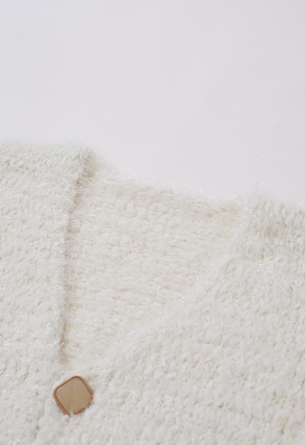 Coziness Shimmer Fuzzy Knit Buttoned Cardigan in Cream
