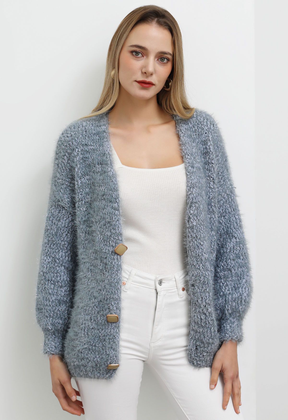 Coziness Shimmer Fuzzy Knit Buttoned Cardigan in Dusty Blue