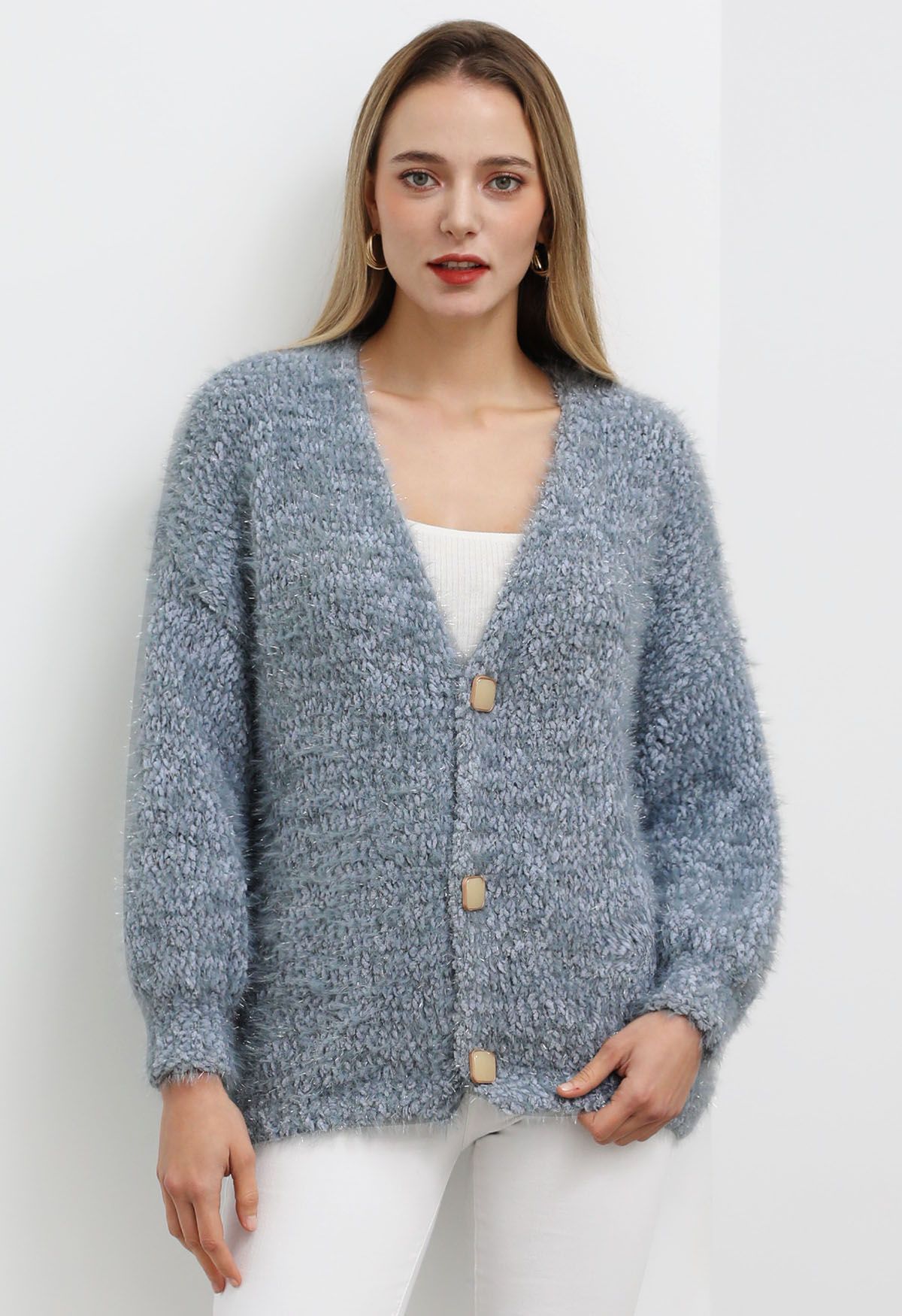 Coziness Shimmer Fuzzy Knit Buttoned Cardigan in Dusty Blue