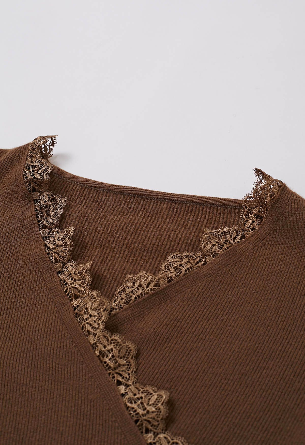 Lacy Faux-Wrap Knit Crop Top in Caramel