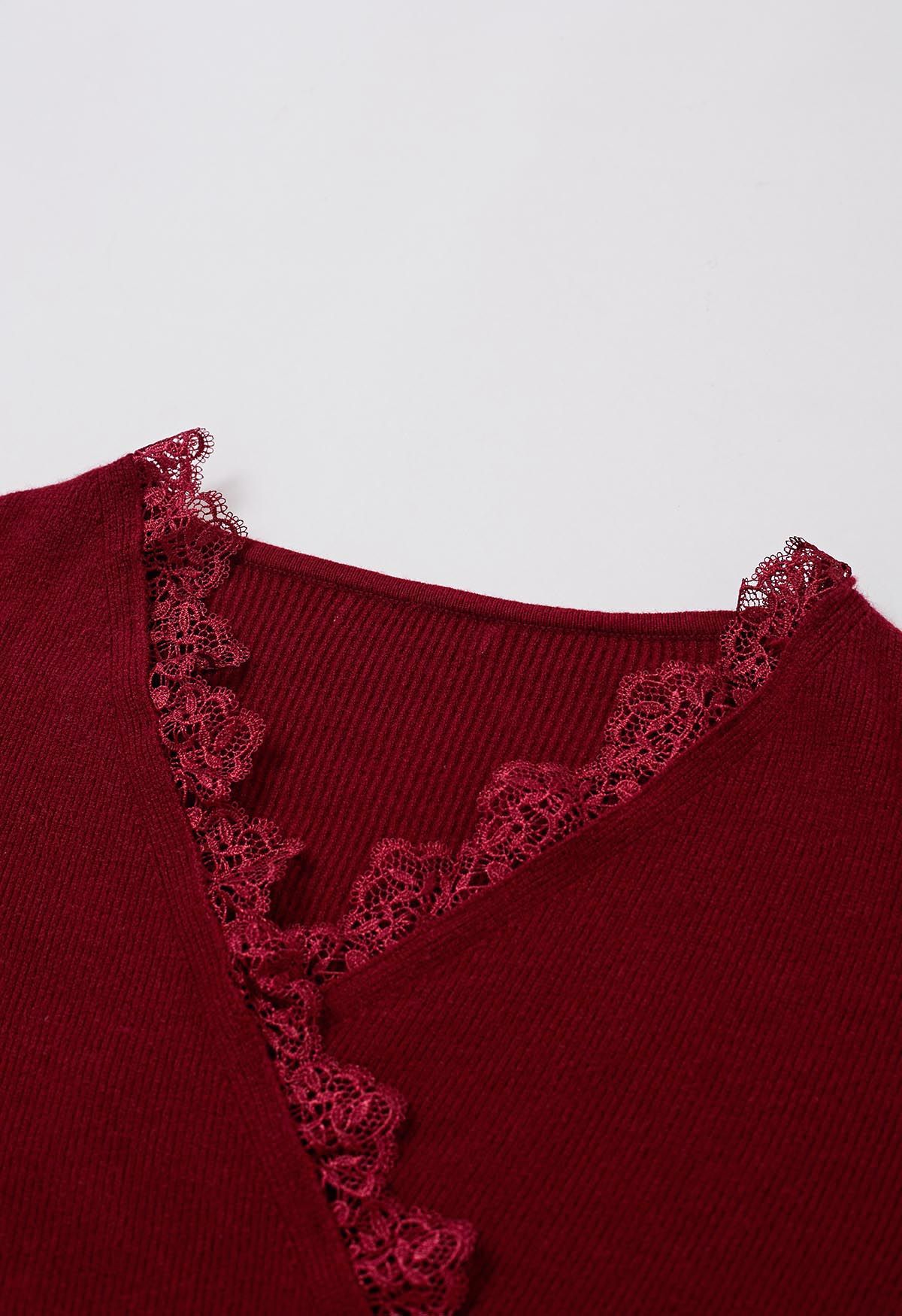 Lacy Faux-Wrap Knit Crop Top in Red