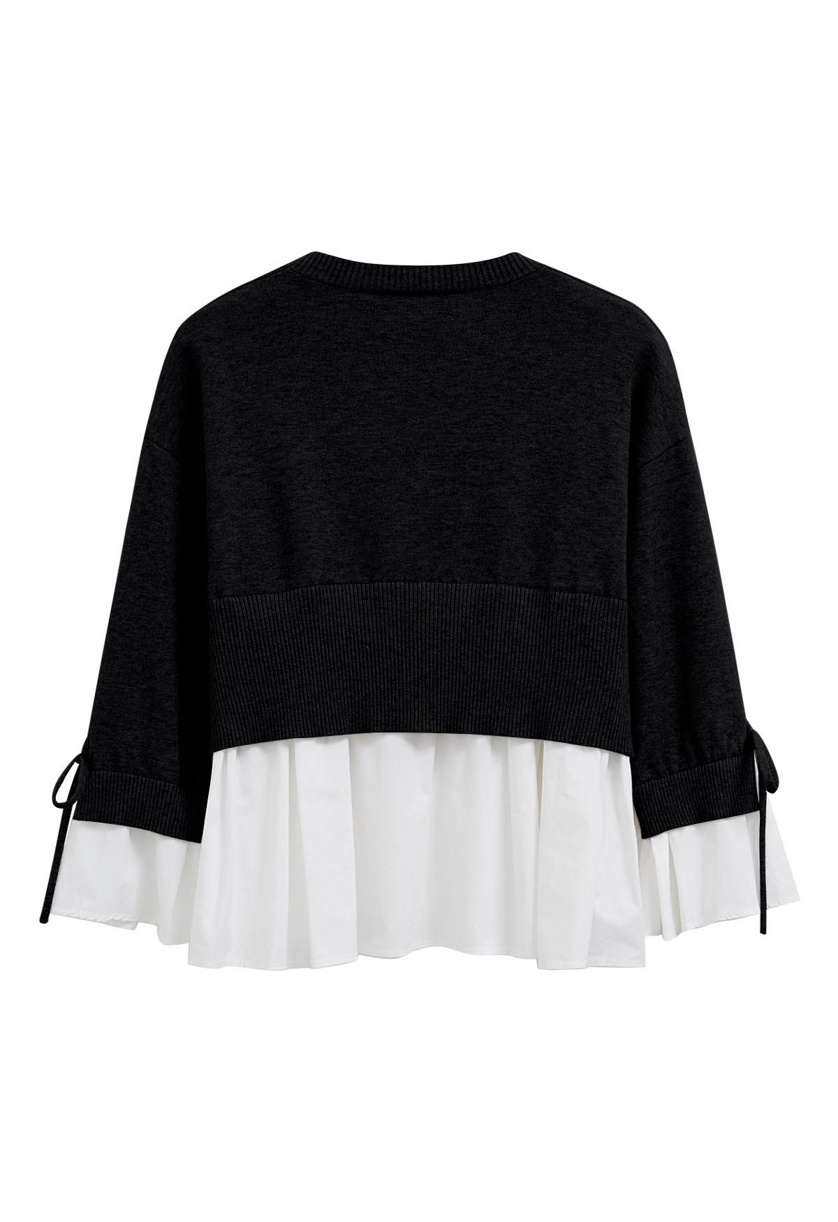 Tie-String Cuffs Spliced Cotton Hem Knit Top in Black