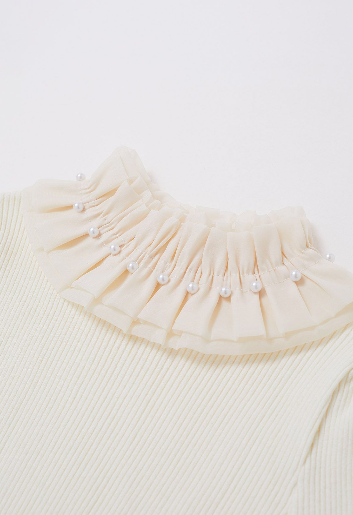 Pearl Ruffle Organza Adorned Knit Top in Cream