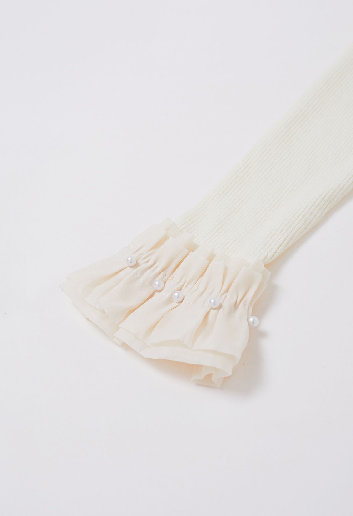 Pearl Ruffle Organza Adorned Knit Top in Cream