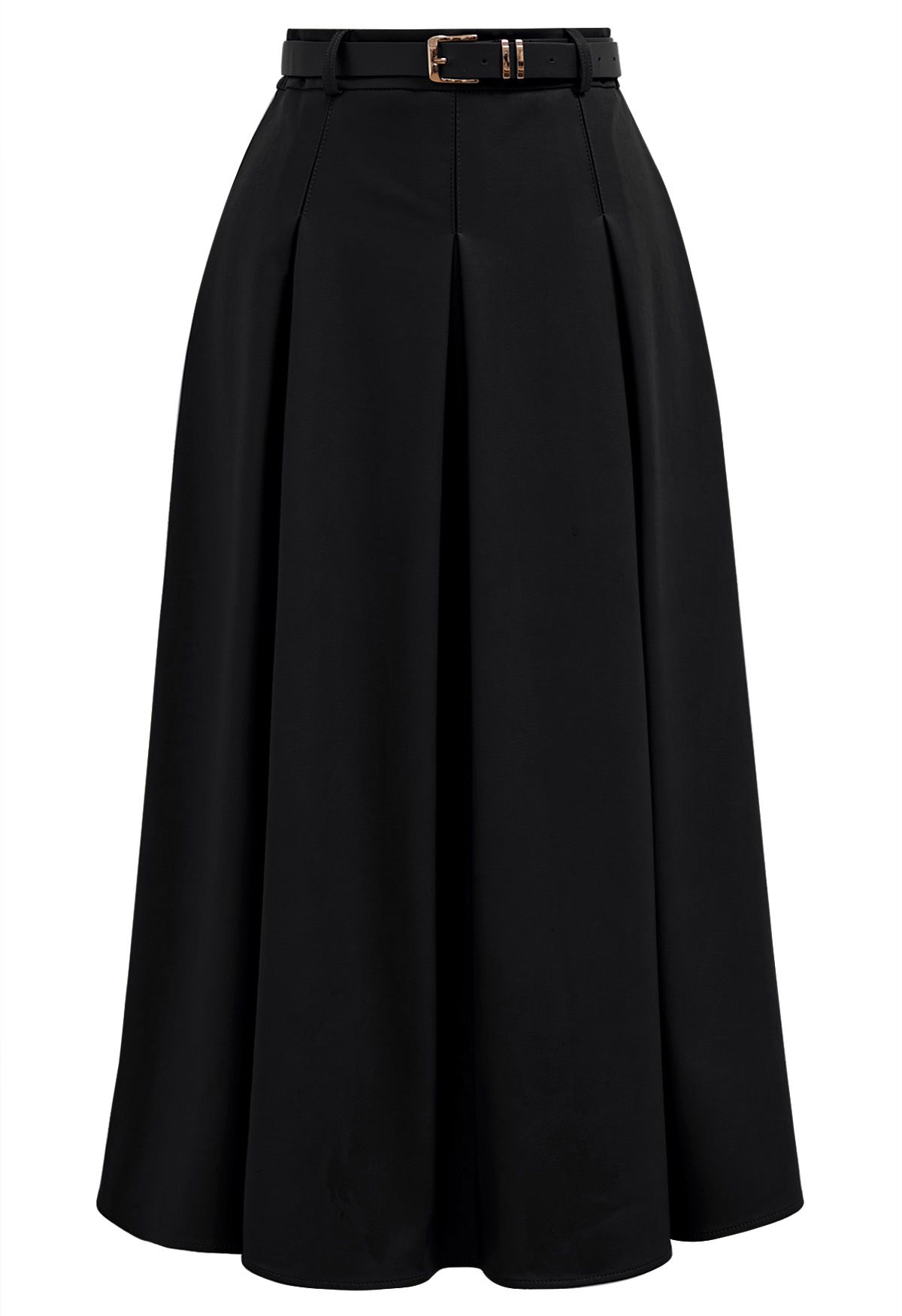 Faux Leather Pleated Belted Midi Skirt in Black