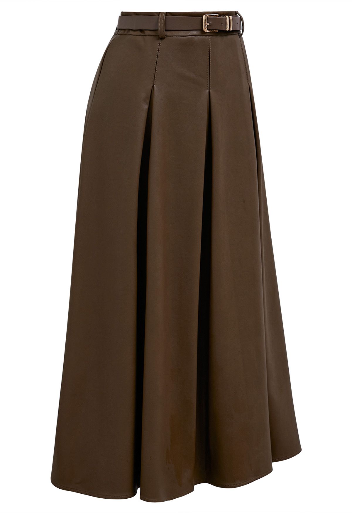 Faux Leather Pleated Belted Midi Skirt in Khaki