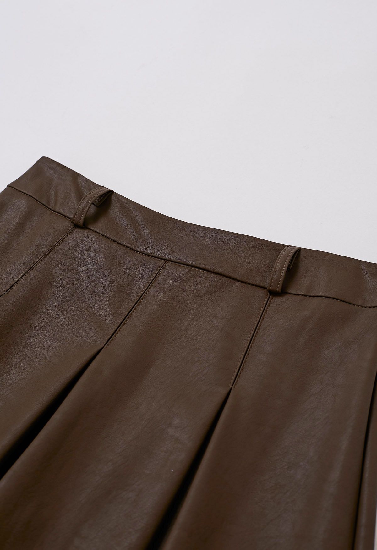 Faux Leather Pleated Belted Midi Skirt in Khaki