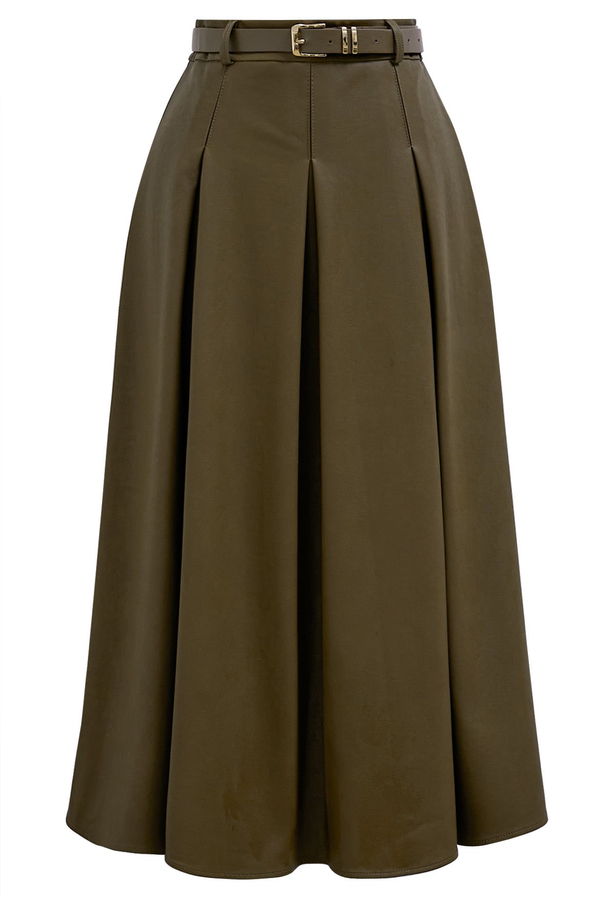 Faux Leather Pleated Belted Midi Skirt in Olive