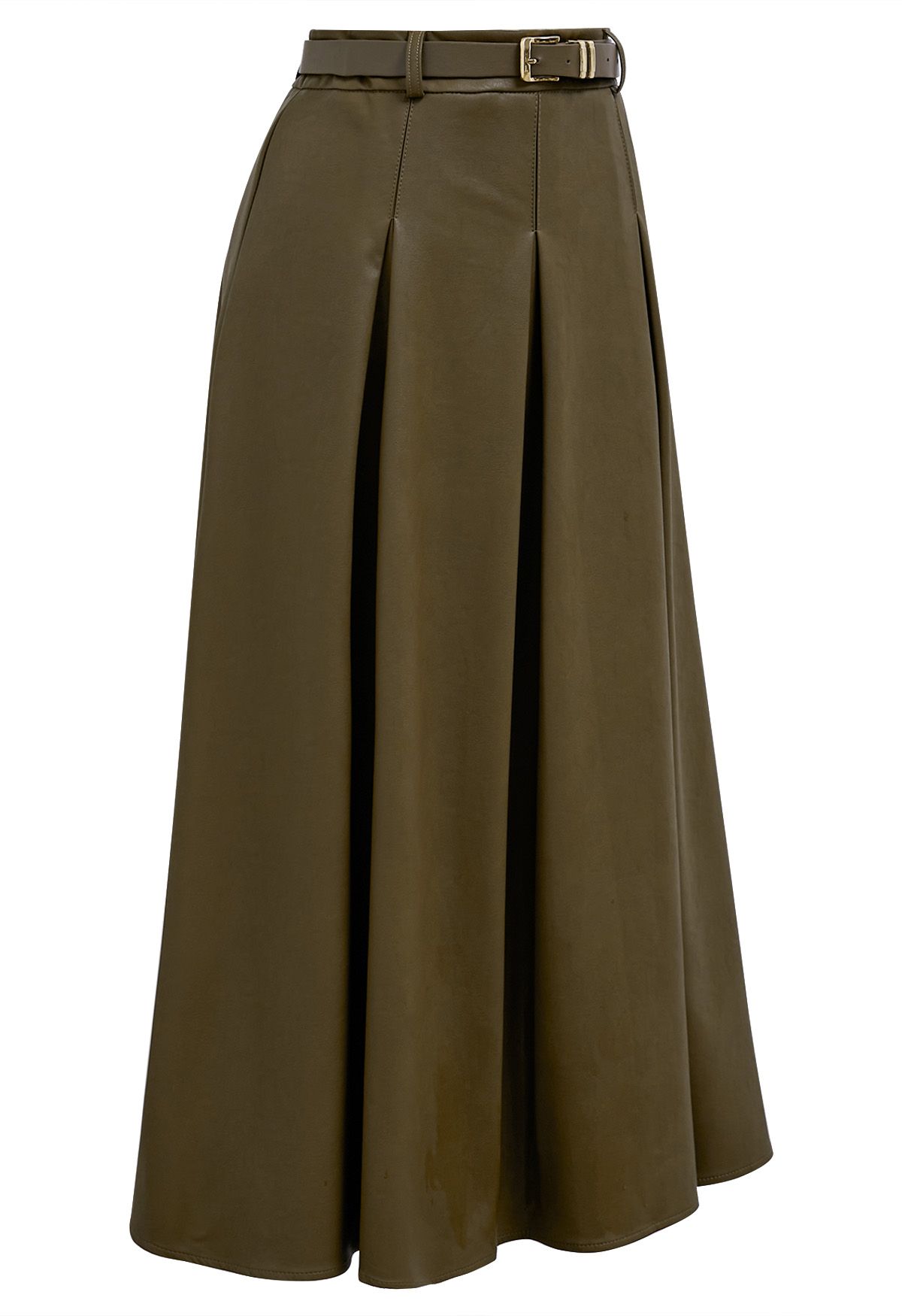 Faux Leather Pleated Belted Midi Skirt in Olive