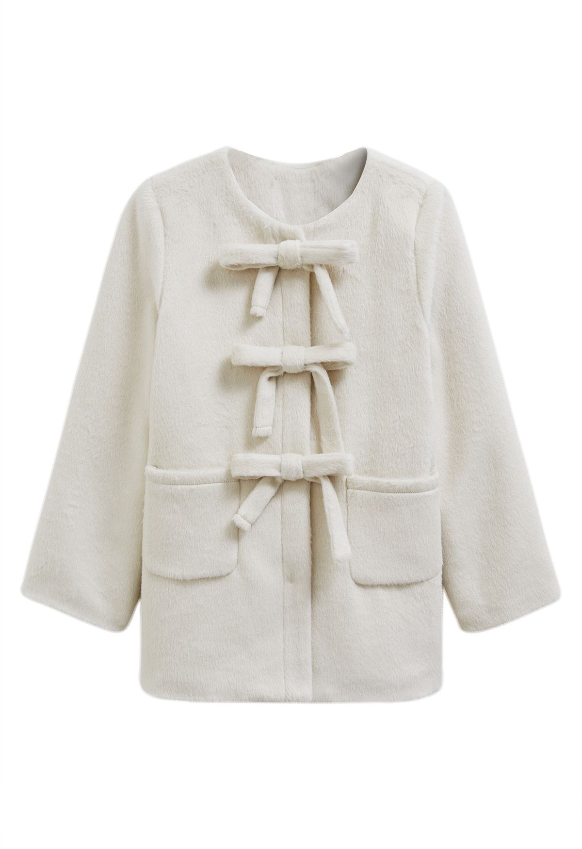 Collarless Bowknot Fuzzy Coat in Ivory