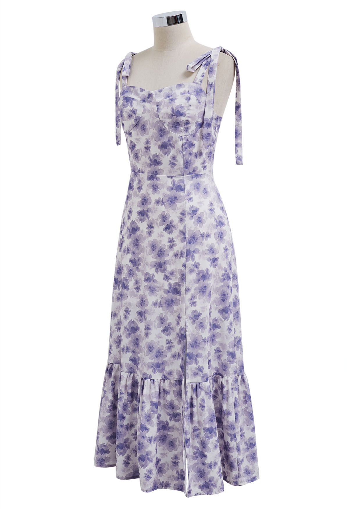 Floral Tie-Shoulder Split Midi Dress in Purple