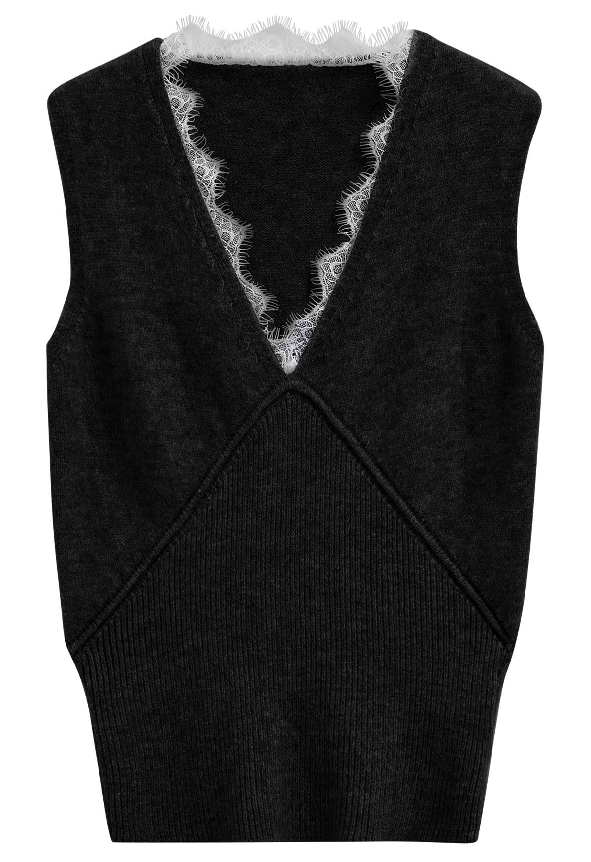 Lacy V-Neck Sleeveless Top and Cardigan Set in Black