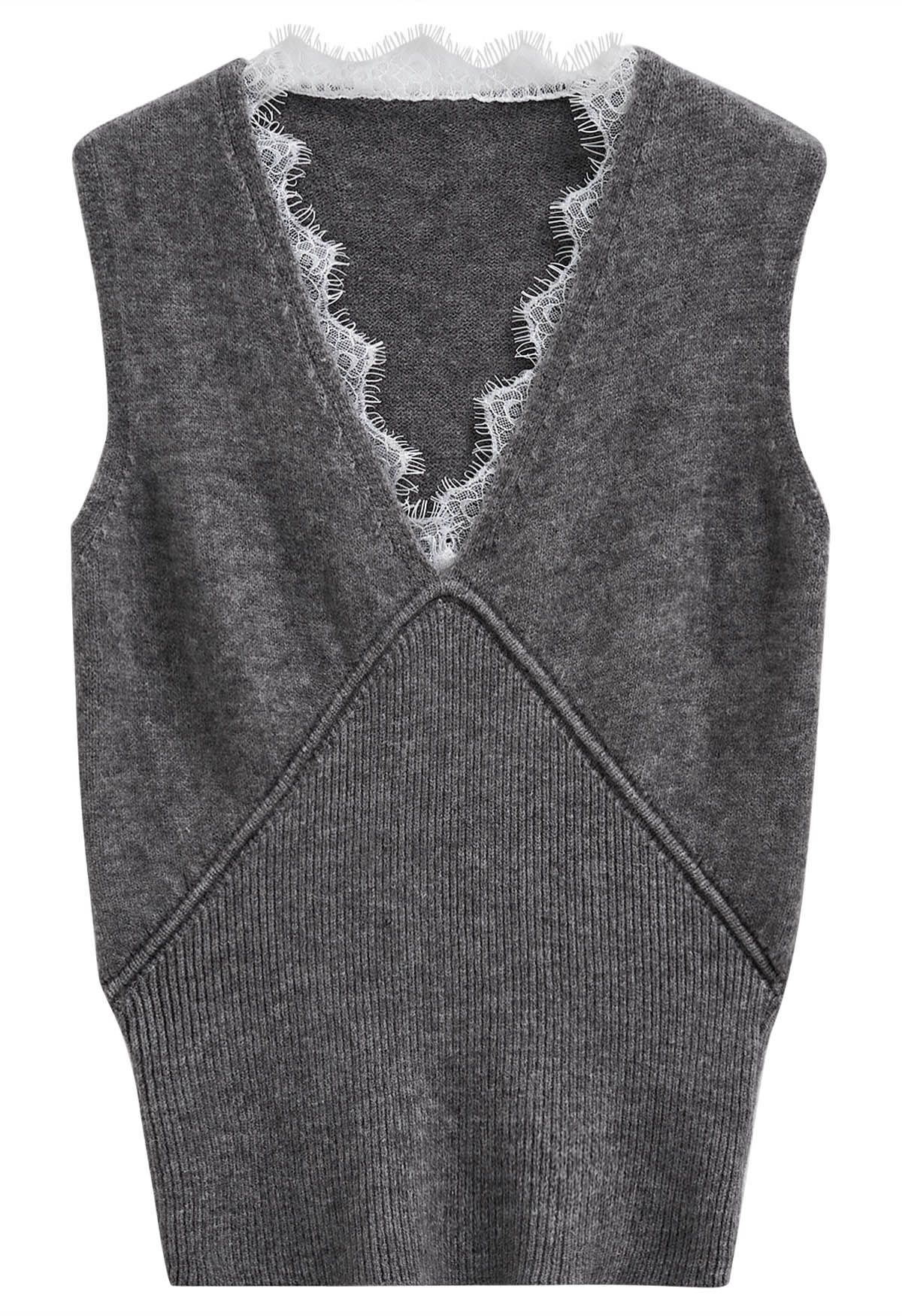 Lacy V-Neck Sleeveless Top and Cardigan Set in Grey