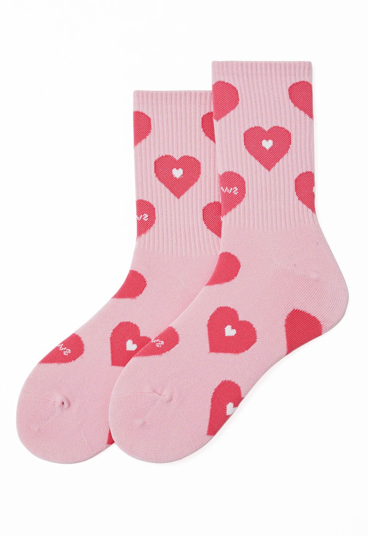 Double-Heart Pastel Pink Crew Socks