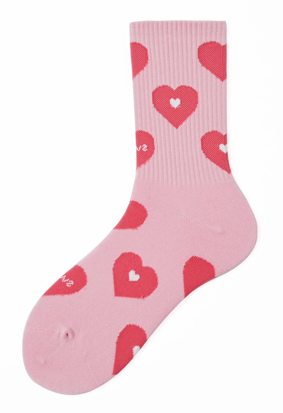 Double-Heart Pastel Pink Crew Socks