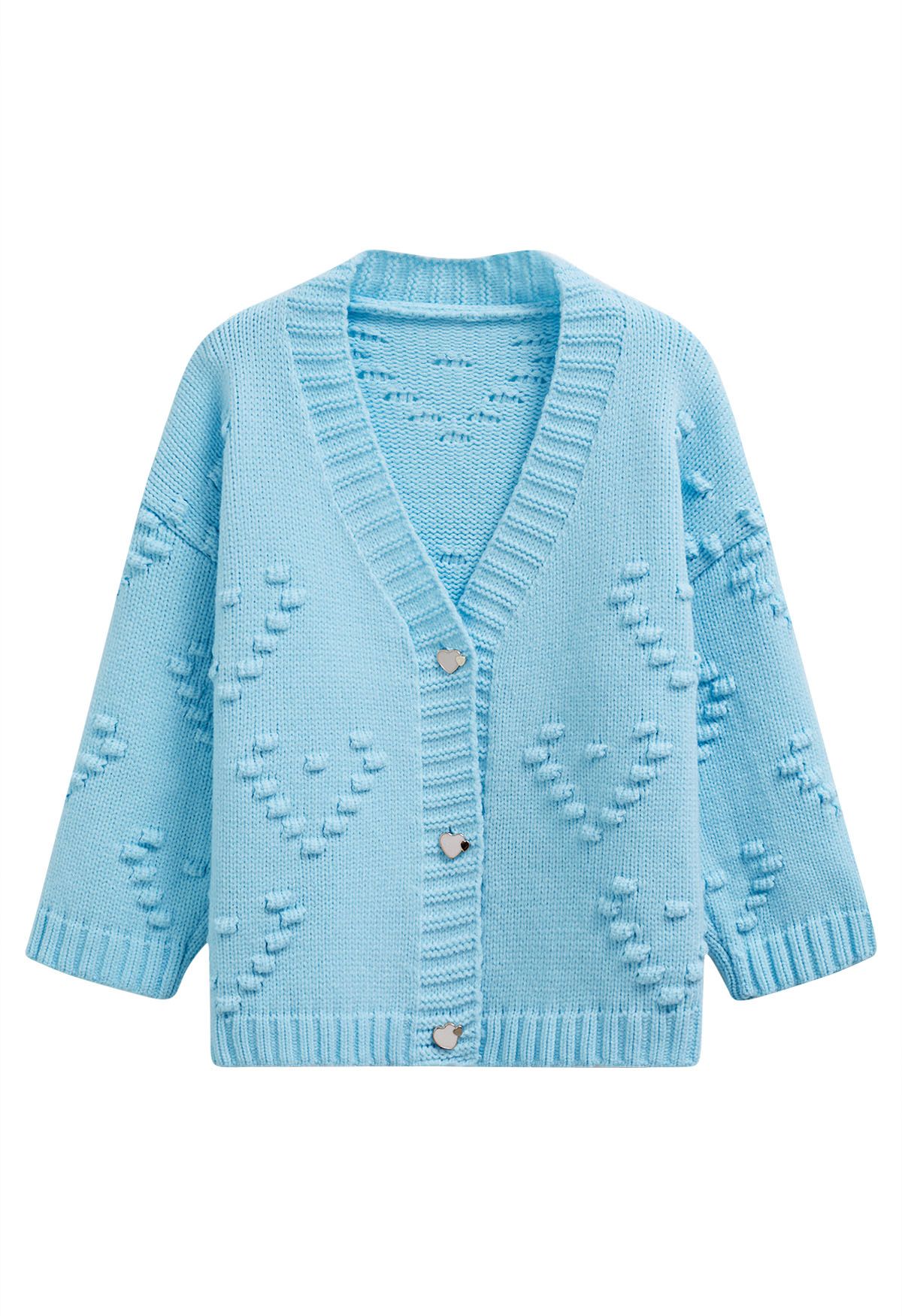 Pom-Pom Hearts Button Down Knit Cardigan in Blue