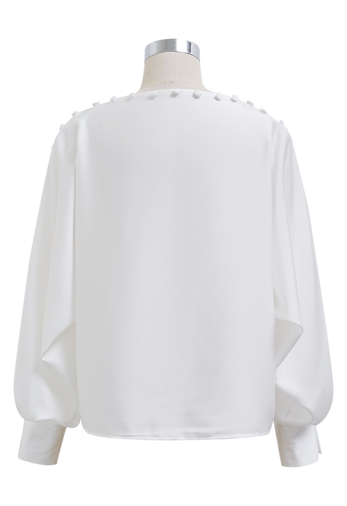 Buttoned Boat Neck Batwing Sleeves Satin Top in White