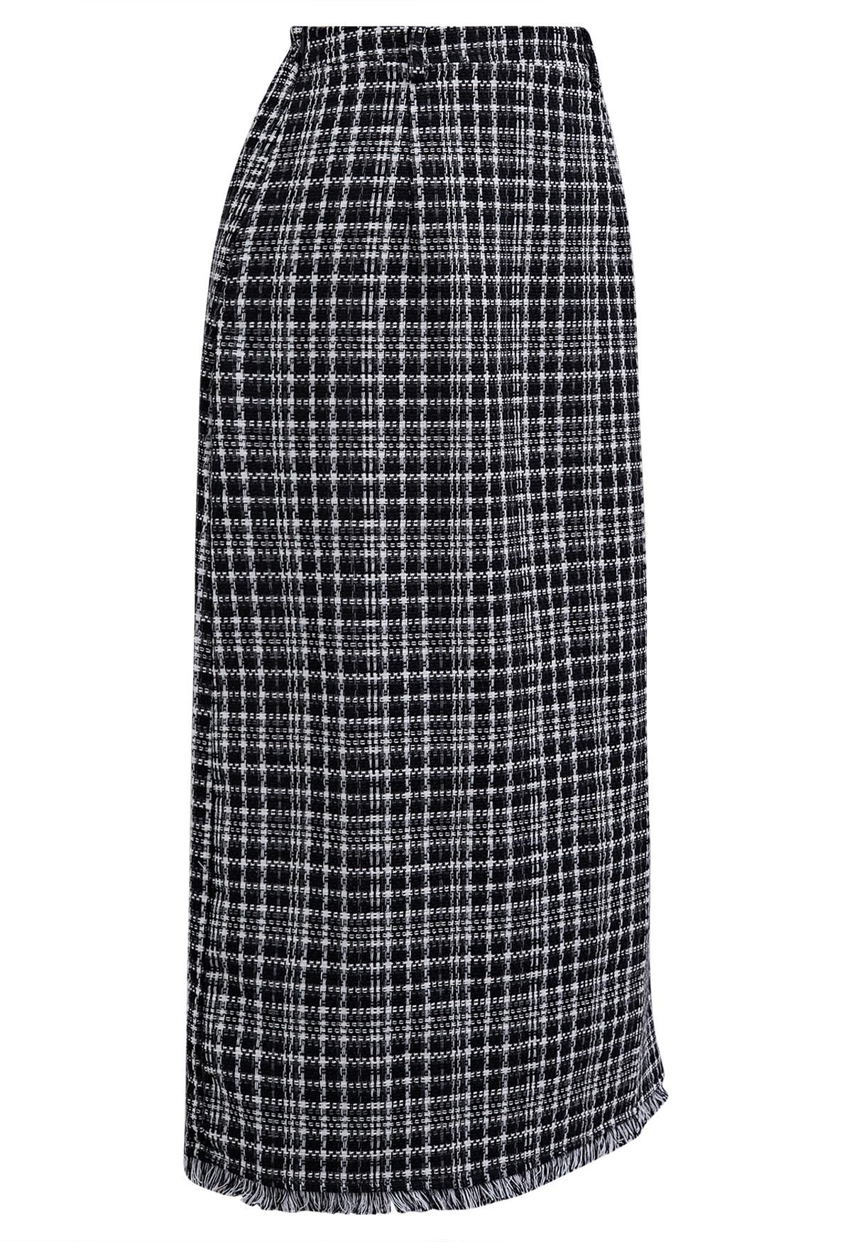 Fringed Hemline Plaid Tweed Skirt in Black