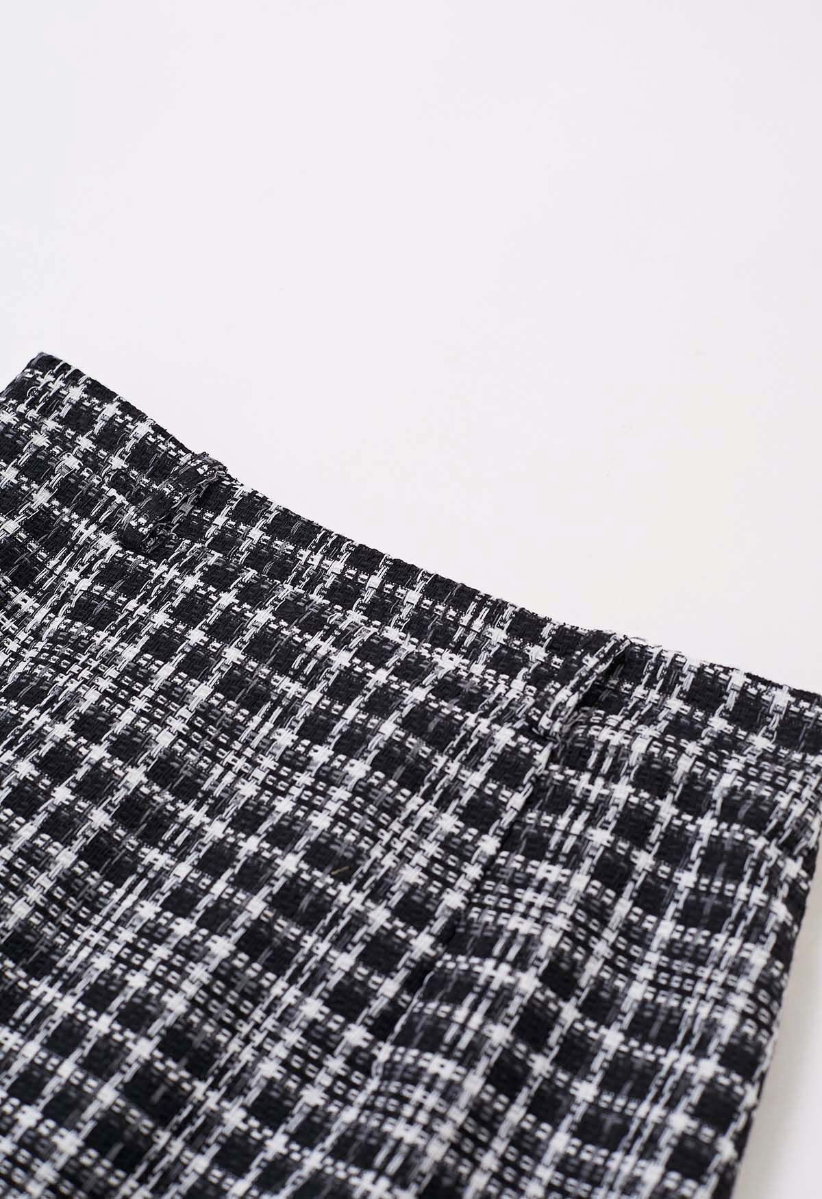 Fringed Hemline Plaid Tweed Skirt in Black