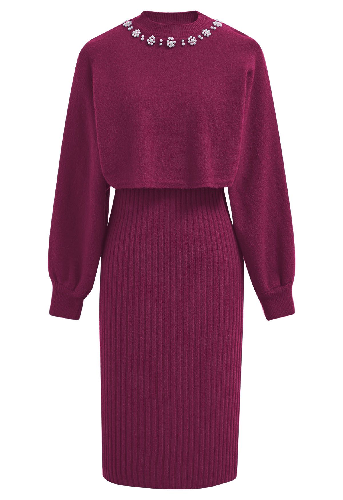 Pearl Neckline Ribbed Knit Twinset Dress in Magenta
