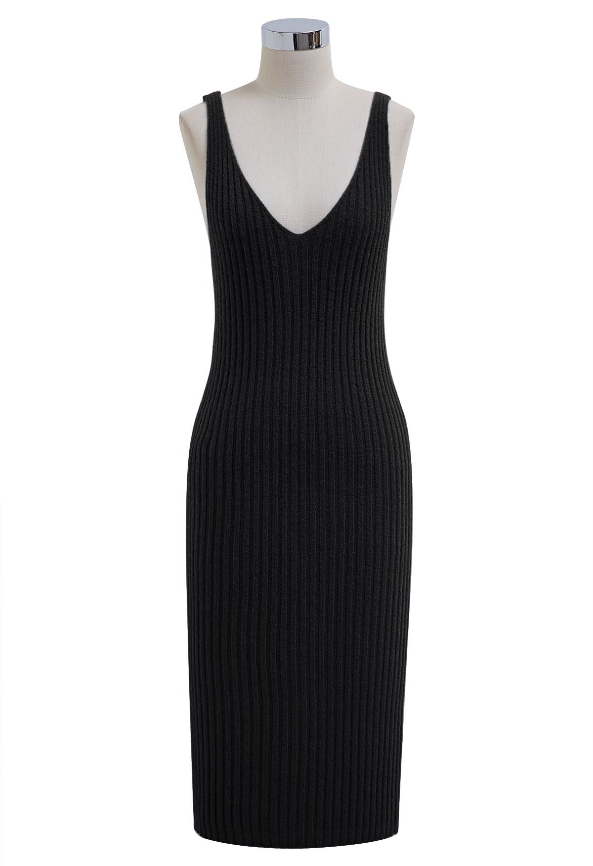 Pearl Neckline Ribbed Knit Twinset Dress in Black