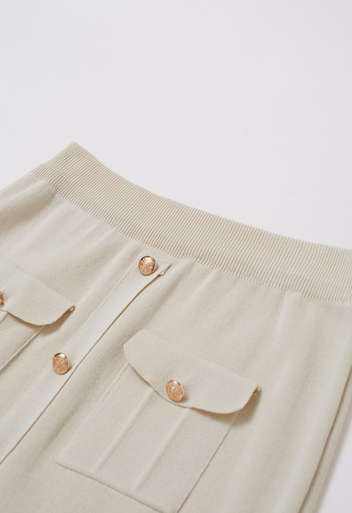 Standout Button Embellished Knit Top and Midi Skirt Set in Ivory