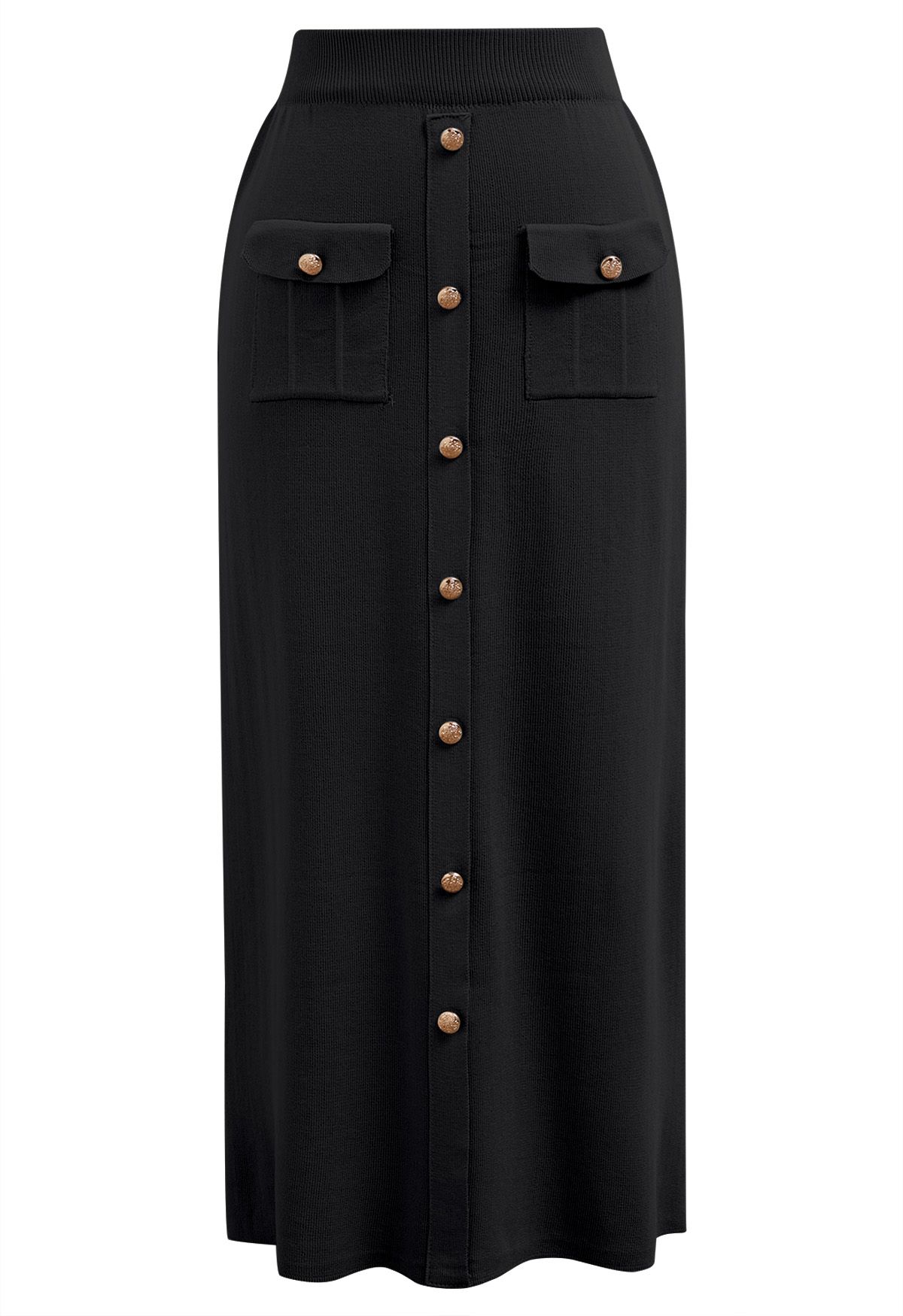 Standout Button Embellished Knit Top and Midi Skirt Set in Black
