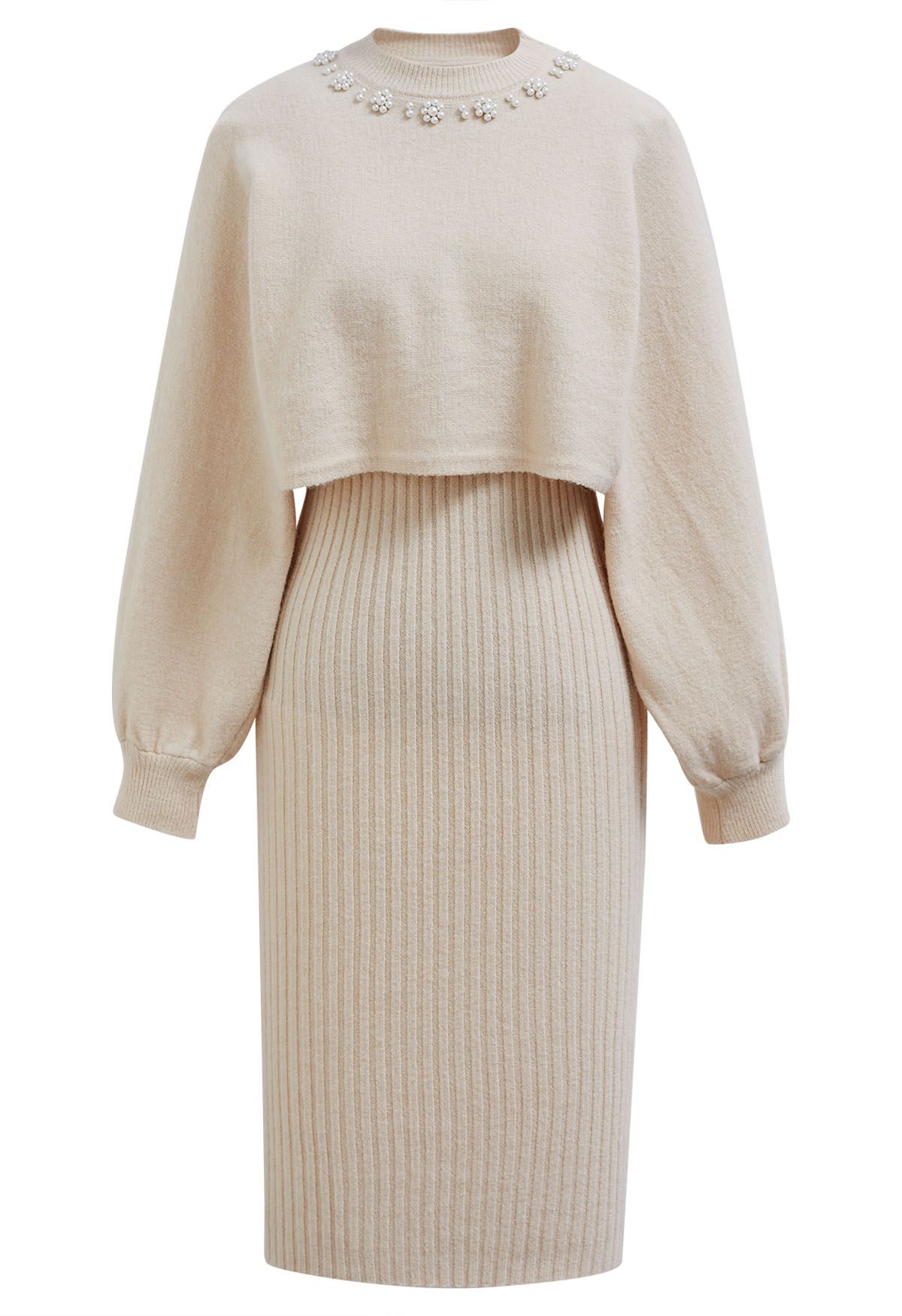 Pearl Neckline Ribbed Knit Twinset Dress in Sand