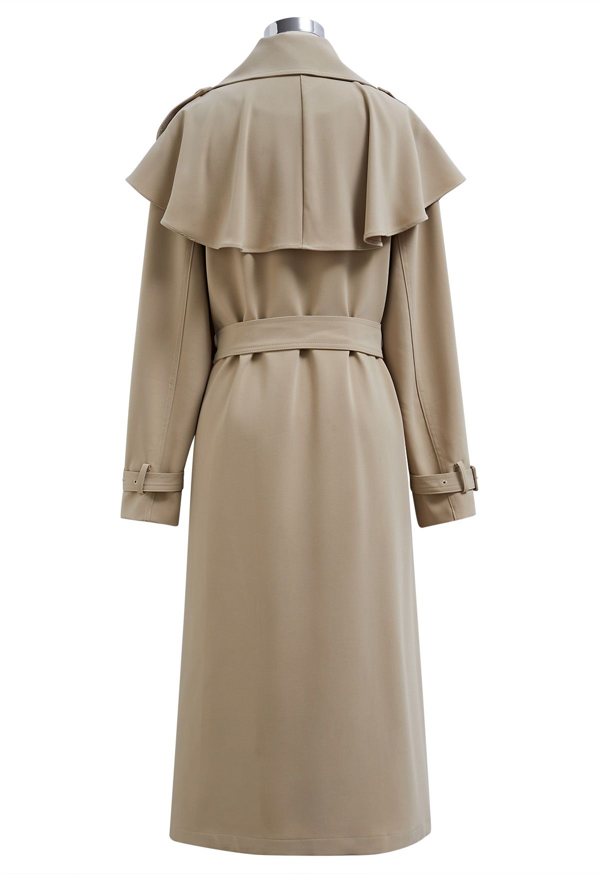 Ruffle Trimmed Belted Double-Breasted Trench Coat in Khaki