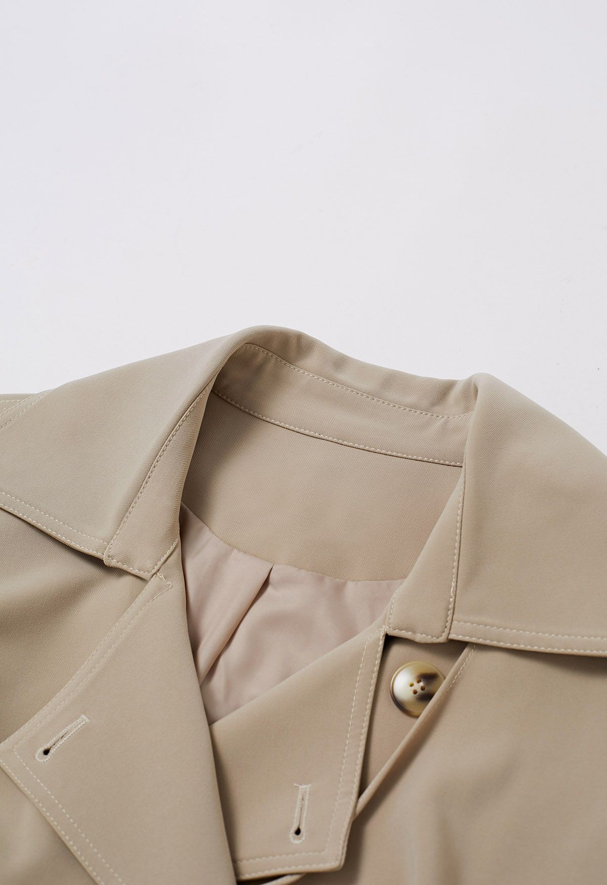 Ruffle Trimmed Belted Double-Breasted Trench Coat in Khaki