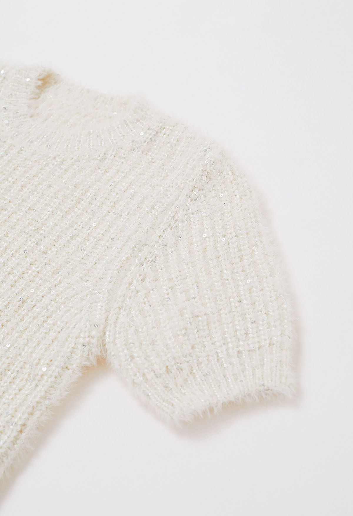 Sequin Fuzzy Short Sleeve Sweater in Cream