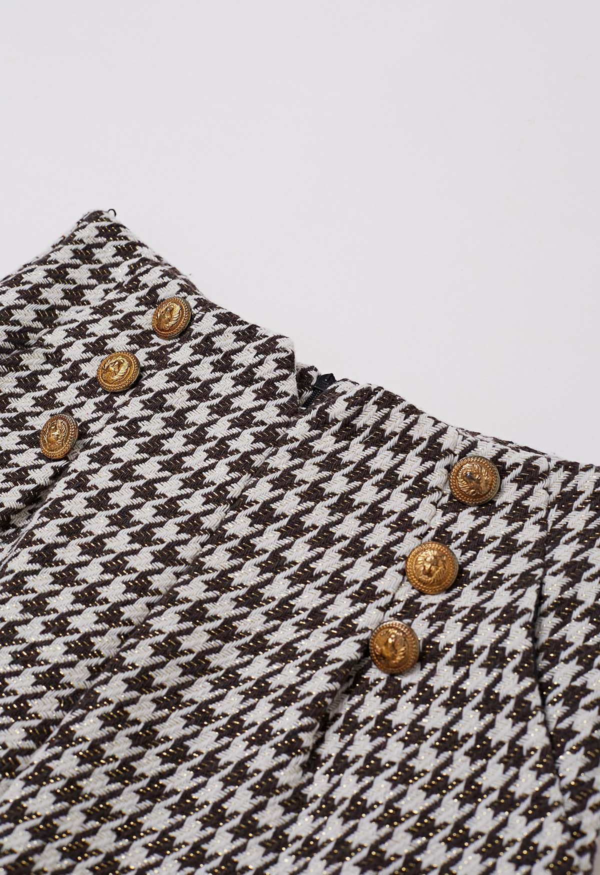 Metallic Houndstooth Golden Button Shorts in Brown