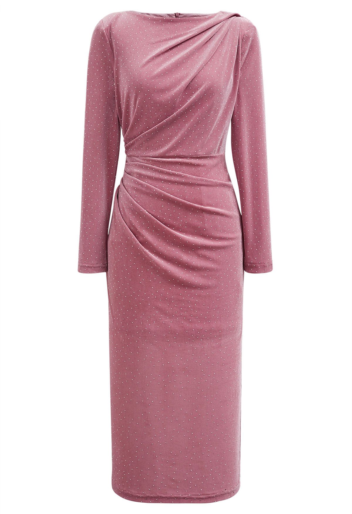 Rhinestone Decor Ruched Pad Shoulder Midi Dress in Pink