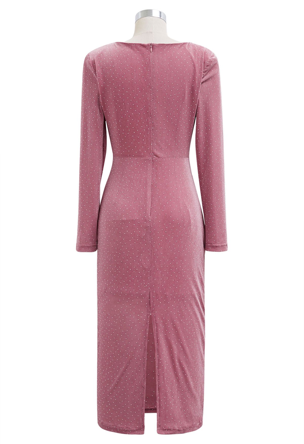 Rhinestone Decor Ruched Pad Shoulder Midi Dress in Pink