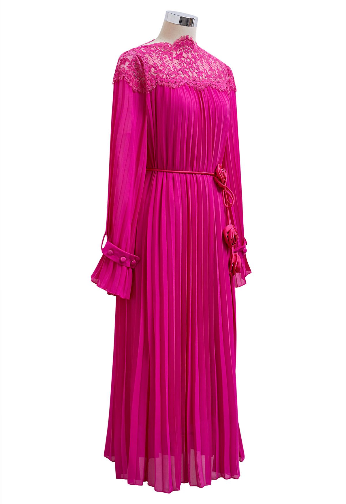 Rose String Lace Spliced Pleated Midi Dress in Hot Pink