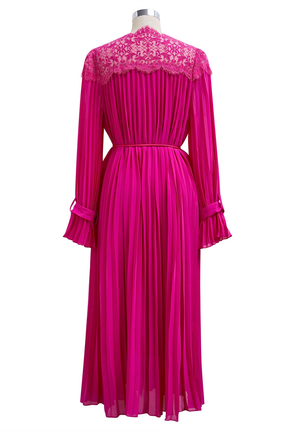 Rose String Lace Spliced Pleated Midi Dress in Hot Pink