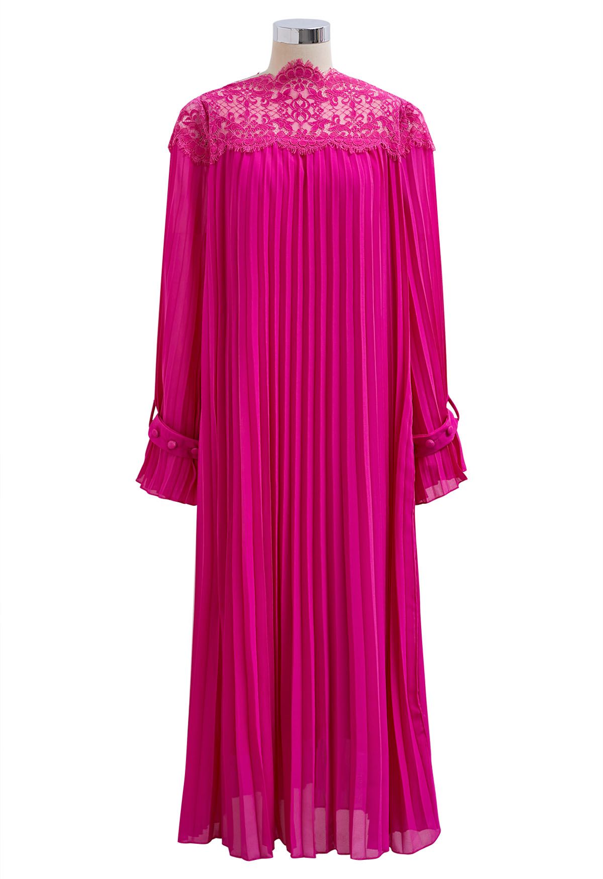 Rose String Lace Spliced Pleated Midi Dress in Hot Pink